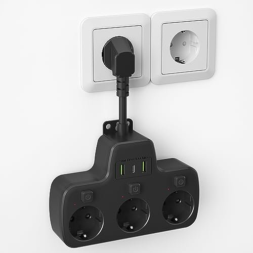 Prise Multiple avec Interrupteur Individuel, Multiprise avec USB C 3 Prises et 3 USB Chargeurs, Multiprise électrique Murale Adaptateur Prise USB Multiple Câble Court 0,1M pour Cuisine,Bureau,Noir