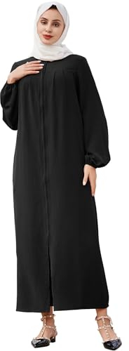 AWIBMK Abaya Dubai Gebetskleid für Damen, Stehkragen, Reißverschluss, mit Taschen, muslimische arabische Robe, bescheidene islamische Kleidung, Schwarz, Mittel