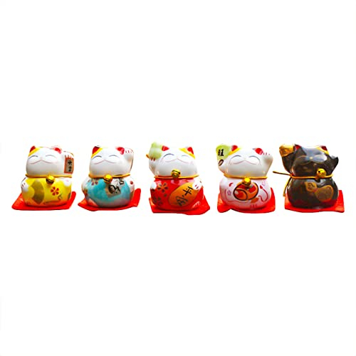 HERCHR 5 Stück Mini-Maneki-Neko-Statuen, Ornamente, Glückskatzen-Ornamente, 4,1 X 3,6 cm, Japanische Katzenfigur, Glückliche Glückskatze, Feng-Shui-Statue Für Auto-Tischregal
