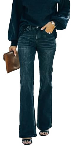 KUNMI Damen Flare Bell Bottom Jeans Hohe Taille Weites Bein Bootcut Jeans Stretchy Denim Pants, Ff001-Schwarz, 48