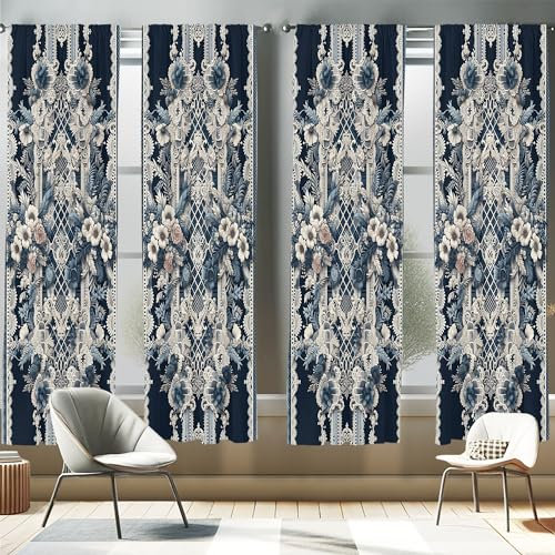 ABAKUHAUS Victoriano Juego de 4 Paños Cortinas, Hojas Florales de Encaje frío, Tratamiento de Ventana para Habitación y Dormitorio, 150 cm x 225 cm, Azul Violáceo Oscuro Coco