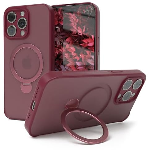 EAZY CASE - MagSafe Handyhülle für iPhone 15 Pro Max kompatibel mit MagSafe Hülle mit Ständer kompatibel mit iPhone 15 Pro Max Hülle mit 360° Ring & Magnetfunktion zum Aufstellen Cover Dunkel Rot