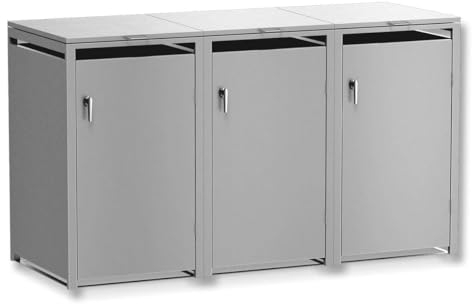 Metzler® Mülltonnenbox 3er 240L mit Automatikdeckel und abschließbaren Türen Graualuminium RAL9007 witterungsbeständiger pulverbeschichteter Stahl robust pflegeleicht modular erweiterbar für Außenbere