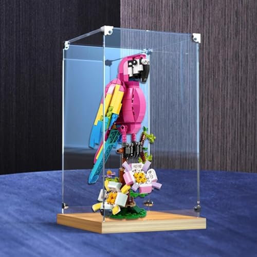 Vitrine für Lego 31144 Exotische Papageien, staubdicht, nur Präsentationsbox, Basis aus goldfarbenem Eichenholz