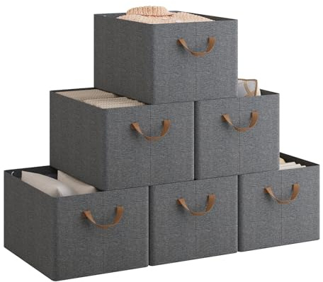 WOLTU ABB10gbn-6-UK Foldable Storage Boxes Set of 6, Fabric Storage Cubes with Handles, Organiser Boxes Clothes for Shelves, Grey, 42 x 32 x 26 cm