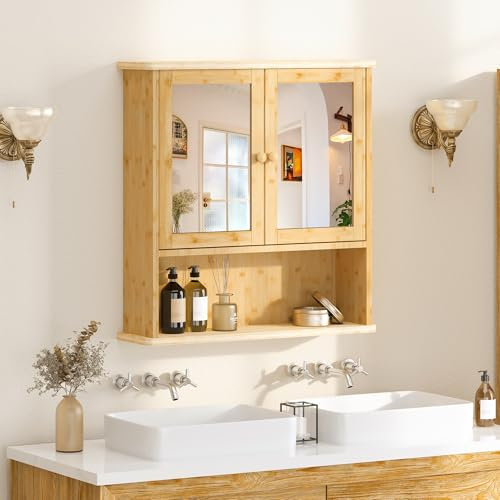 SogesPower Armoire Murale de Salle de Bain Armoire de Toilette en Bambou avec Miroir, Étagère Réglable, Portes Magnétiques et Compartiment de Rangement Ouvert, pour Salle de Bain, 56 x 14 x 58,2 cm