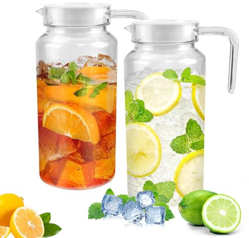 ADERTOS 2 Jarras de Agua Transparentes 1,25L con Tapa y Asa - Jarra de Plástico para Bebidas Frías/Calientes, Agua, Jugo, Café, Zumo y Vino - Jarra de Plástico Reutilizable, Resistente a Roturas