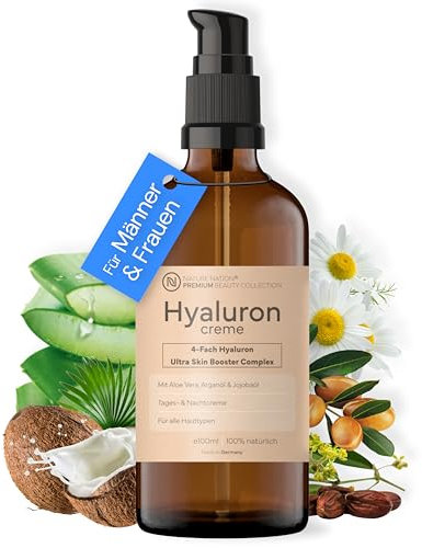 BIO Hyaluron Creme hochdosiert + Arganöl, Jojobaöl, Aloe Vera, Kokosöl, Vitamin C; 4-Fach Anti Falten & Anti Aging Komplex; Naturkosmetik Gesichtscreme; Made in Germany (100ml, Hyaluronsäure)