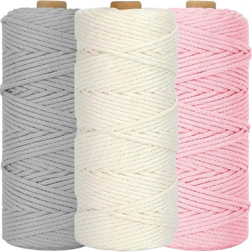 3 Stück Makramee Garn 3mm x100m, WINOK Bunte Makramee-Schnur, DIY Naturgarn Baumwollschnur Baumwollgarn Schnur Baumwollkordel für Wandpflanze Handwerk - Weiß Hellrosa Hellgrau