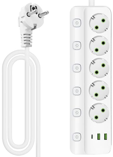 5 Fach Steckdosenleiste, USB Mehrfachsteckdose mit Schalter Steckerleiste Mehrfachstecker mit 2 USB B und Type C, Steckdosenleiste Wandmontage 2500W Überspannungsschutz für Zuhause Büro, 2 m Kabel