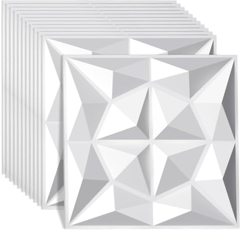 Yugodex 3D Wandpaneele, 3D Wandverkleidung Paneele, 3D Wall Panels, Wanddeko Platten, Wasserfest, Hitzebeständig, aus Hochsteifes PVC - 50 x 50 cm, Diamant Weiß, 12 Stück (3 m²)