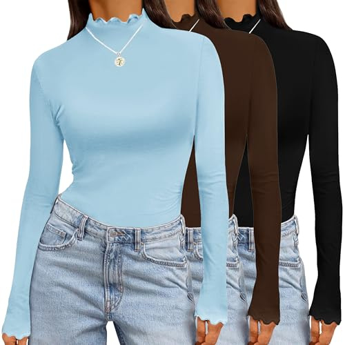 Ekouaer Womens 3 Pack Long Sleeve Shirts Turtleneck Tops for Women Stretch Fitted Thermal Undershirt Layer S-XXL,Black+Blue,M