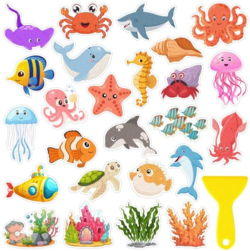 26Pcs Non Slip Bathtub Stickers, Cute Ocean Creature Stickers with Scraper, Anti Slip Bath Tub Shower Decal with Adhesive Back for Bathroom, Shower Stairs