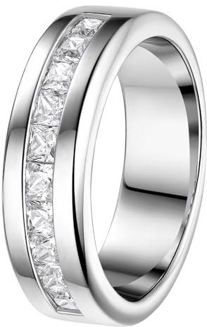 SweetJew Men's 1ct Moissanite Band Silver Plated 10 Princess Cut Ring | 18k White Gold Plated,Lab Created Brilliant D Color Vvs1,Wedding,Engagement Anniversary & Gift,Smooth Polished Inner, Sz7-14