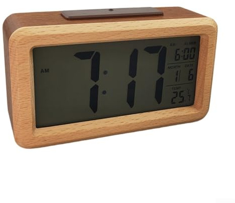 Réveil minimaliste en bois avec affichage LED indiquant l'heure et la température, alarme réglable et répétition pour une utilisation personnalisée (couleur bois)