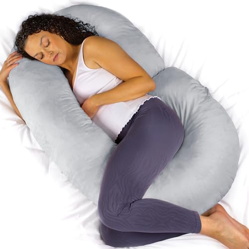 Aamira C Shaped Pregnancy Pillow, Memory Foam, Velvet Cover, Light Grey | 140 x 65 x 20cm maternity pillow with shredded memory foam, full-body C-shape support and removable washable velvet cover.