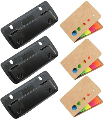 3 Stück Mini-Taschenlocher mit 3 Stück Haftnotizen, Taschenlocher mit Linealprägung für Etikettenbindung, Hole Puncher Locher für Schule Büro Haushalt (Schwarz)