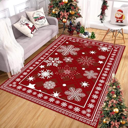 ZLXMN GroßEr Boho-Weihnachtsteppich 140x200cm, Maschinenwaschbar Schneeflockenrot Wohnzimmer Teppich rutschfest Weich FüR Schlafzimmer KüChe Esszimmer Weihnachts-FußMatte