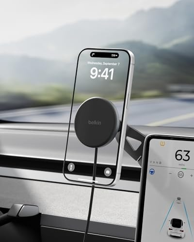 Belkin Wireless Car Charger, Wireless Magnetic Phone Holder for EV with 3.3ft USB C Cable, Compatible Qi2 MagSafe Fast Charge for iPhone 17, Galaxy S25, Pixel 10 and More