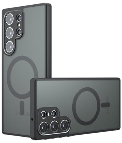 Techsuit für Samsung Galaxy S22 Ultra 5G Hülle mit Matt Finish, Magnetring Kompatibel, Luftkissen Ecken, Erhöhte Kanten, Kameraschutz, PureFrost Magnetic Series, PC TPU Hybrid, Matt Schwarz