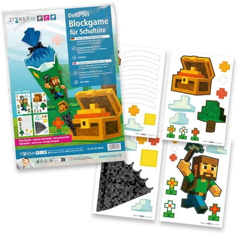 itenga Schultüten Deko Set Blockgame Pixel – Bastelset zur Gestaltung einer Schultüte – 4 vorgestanzte DIN A4 Bastelbögen 350 g/m² mit Satinband – Dekoration für Zuckertüte Einschulung Jungen