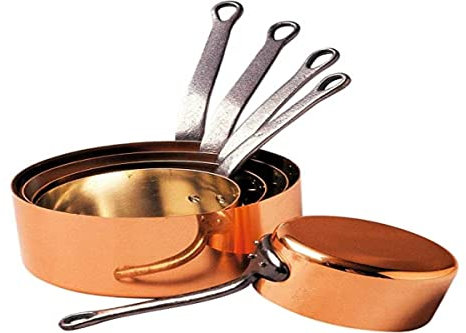 BAUMALU - Lot de 5 Casseroles Lisses - en Cuivre Massif, Intérieur Étamé - Spécial Gaz - Manche Fixe en Fonte - Design Traditionnel Français Made in Alsace - Ø12-20cm - Cuivre, Argent