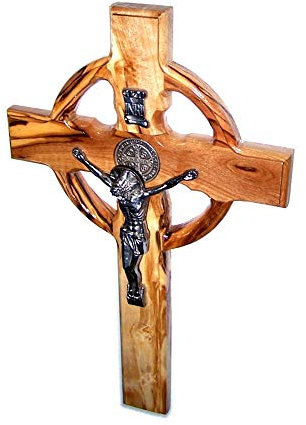 Holylandmarket keltisches Kreuz und St.-Benedikt-Medaille, Holz aus dem Heiligen Land, handgefertigt, Wandmontage, Kruzifix, versilbert – 25,4 cm