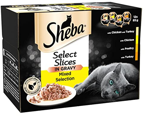 Sheba Select Slices in Gravy – Poultry Selection – Wet cat food trays for adult cats – Pack of 4 (4 x 12 Trays x 85 g)