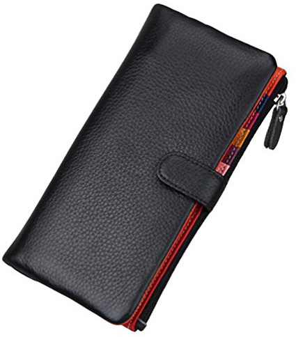 AprinCtempsD Damen Geldbörse Echt Leder Portemonnaie Bunt Clutch Lange Geldbeutel Große Kapazität mit Reißverschluss (Schwarz)