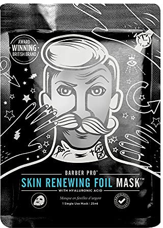 BARBER PRO SKIN RENEWING FOIL Face Mask Mens Skincare Self Warming Sheet Hydrating Anti-Aging Restorative Collagen Hyauronic Acid & Q10 Reduces Fine Lines & Wrinkles Multi Award Winning Brand