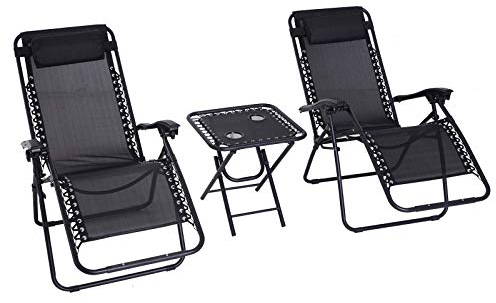 Outsunny Folding Zero Gravity Chairs, 3 Pieces Adjustable Sun Lounger and Table Set with Cup Holder and Headrest, Patio Bistro Set with Reclining Garden Chairs for Outdoor, Black