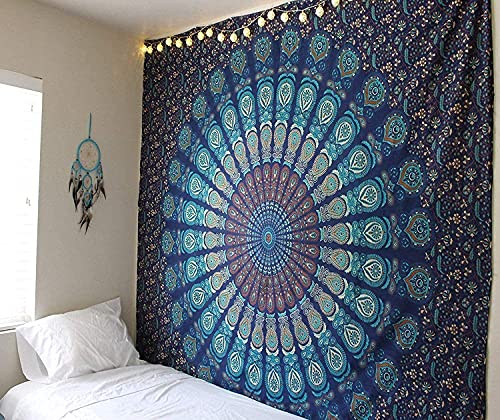 RAJRANG BRINGING RAJASTHAN TO YOU Peacock Mandala Wandteppiche Wandbehang Blaue Baumwolle Dekoration Boho Strandüberwurf 127x152 cm
