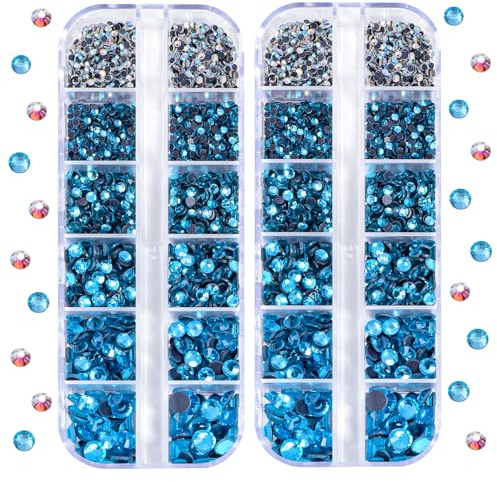 BlinginBox Bedazzler Kit Hotfix Strasssteine 5200 Stk 2 Boxen Aquamarin | Glitzersteine Set 1.9-6.6mm Rhinestones zum Aufbügeln für Kleidung, Jeans, Schuhe, Taschen, DIY. Heissfix mit Bügeleisen.