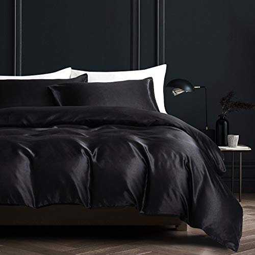 Boqingzhu Glanz Satin Bettwäsche Schwarz 200x200cm Uni Glatt Seide Bettwäsche Set Bettbezug mit Reißverschluss und 2 Kissenbezüge 80x80cm