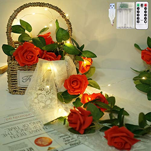 Rose String Lights Battery Powered or USB Powered with Remote Control, Rose Fairy Lights Waterproof for Bedroom, Christmas, Festivals, Wedding, Party (3.3, Red)