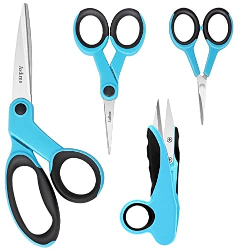 Asdirne Stoffschere, Schneiderschere, Scherenset mit Scharfer Edelstahlklinge und Weichen Griffen, Einschließlich Nähschere, Bastelschere, Fadenscharfschützen und Stickschere, 4PCs, Blau/Schwarz
