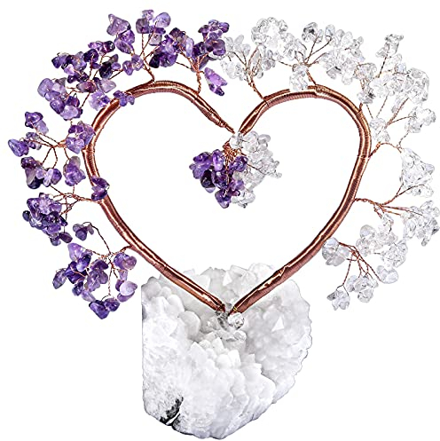KYEYGWO Mehrfarbig Heilung Kristallbaum auf Natürlichen Bergkristall Quarz Cluster Specimen Base, Herz Stein Geldbaum Fengshui Bonsai Baum Figuren Ornament Haus Deko für Hochzeit, Glück, Reichtum
