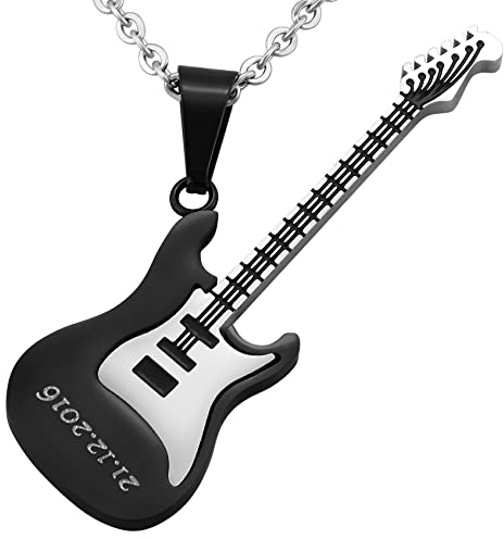 Hanessa Personalisierte Kette mit Gravur Edelstahl 50 cm mit Anhänger E-Gitarre für Musiker in schwarz - Personalisierte Halskette für Männer und Frauen - Personalisierter Schmuck Damen Herren