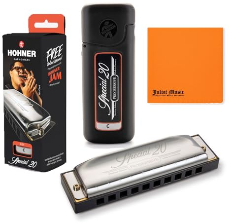 Hohner Mundharmonika Special 20 Key C Progressive Serie 560PBXC 10 Löcher, Bundle mit Hartschalenkoffer, Mini Mundharmonika Halskette Juliet Musik Poliertuch