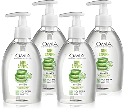 Omia Non Sapone Eco Bio con Aloe Vera del Salento, Sapone Liquido per le Mani e per il Viso, Azione Idratante, Addolcente e Rinfrescante, Confezione da 4 Pezzi, Flaconi da 300 ml