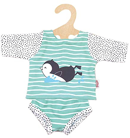 Heless 1118 - Schwimm-Outfit für Puppen im Pinguin Pünktchen Design, 2 teilig mit Ober- und Unterteil, Größe 28 - 35 cm