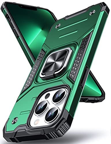 DASFOND Designed for iPhone 13 Pro Case, Military Grade Shockproof Protective Phone Case Cover with Enhanced Metal Ring Kickstand [Support Magnet Mount] for iPhone 13 Pro 6.1 inch, Dark Green