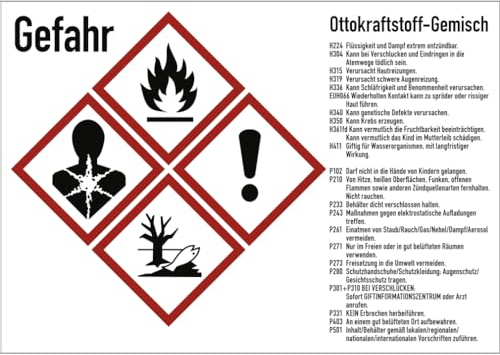 Gefahrstoffkennzeichnung Ottokraftstoff Gemisch nach GHS, Aufkleber, 148x105 mm, Idx 2019, Piktogramme nach CLP/GHS