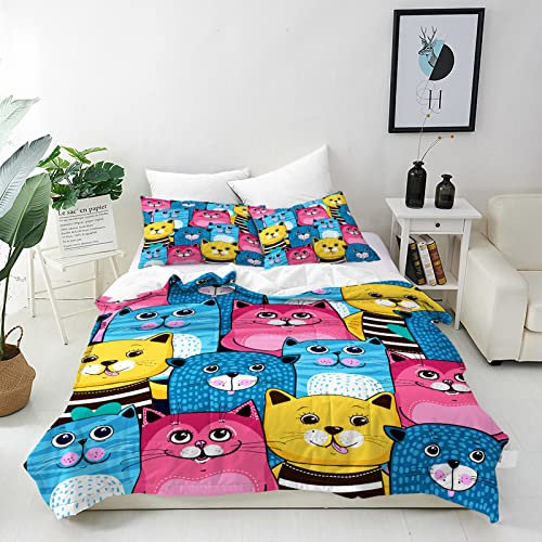 ANHOPE Nette Cartoon Tier Katze Bettwäsche Set 3 Teilig Weich Bettbezug 135x200 cm & 2 Kissenbezug 50x70 cm Microfaser Bettbezüge Set mit Reißverschluss Bettdeckenbezug für Kinder Jungen Mädchen