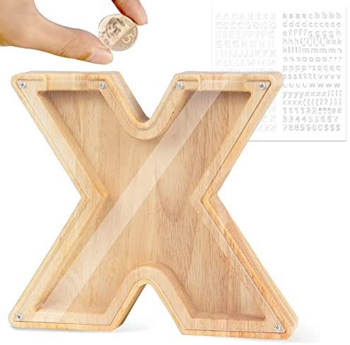 LEcylankEr Spardose Kinder Personalisierte A-Z Alphabet Sparbüchse Holz Spardose Dekoration Kreative groß Sparschwein als Geschenke für Geburtstag, Weihnachten und Thanksgiving (X)