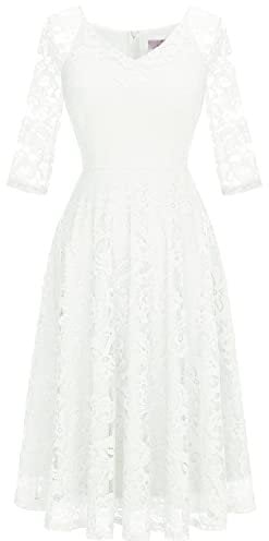 Dressystar Damen Abendkleider Elegant für Hochzeit Cocktailkleid Lang Ärmel Standesamtkleid Weiß L