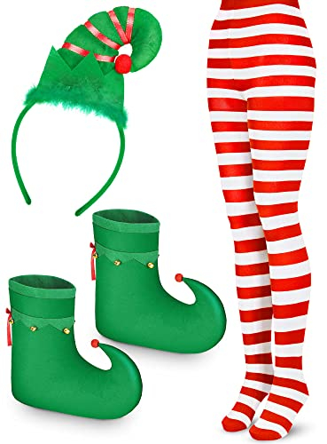 SATINIOR 3-teiliges Weihnachtselfen-Kostüm-Zubehör-Set beinhaltet Haarband, Haarreifen, gestreifte Strumpfhosen, Strümpfe, Schuhe für Erwachsene, Stoff, Rot und weiß, Elf shoes: about 12.2 x 12.2 inch