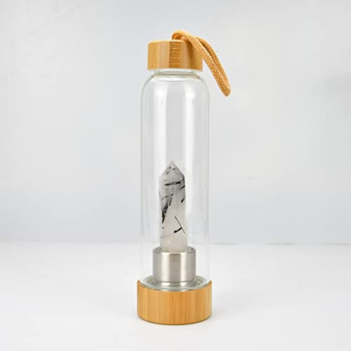 BiiKoon Bouteille D'eau Infusée Cristal Guérison Tasse À EAU en Pierre D'énergie Pierres Précieuses Naturelles Avec Couvercle Bambou Bouteilles Verre (Color : Black Tourmaline, Size : 500ml)