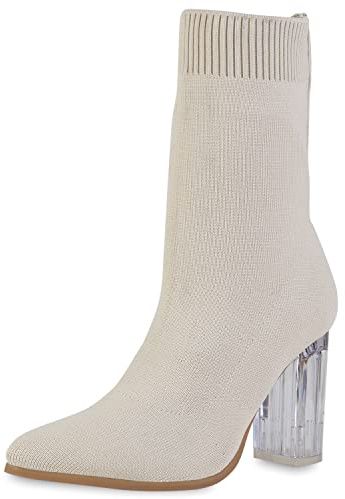 VAN HILL Damen Schlupfstiefeletten Stiefeletten Blockabsatz Schuhe Strick Stiefel Spitze Boots Schlupfschuhe Stoff Booties 208466 Beige 37