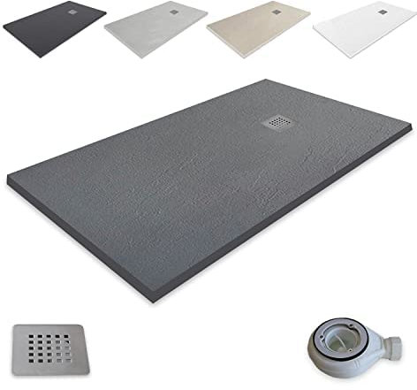 Extra-flat Resin Shower Tray outletaseo – All Sizes Available – Non-Slip Slate Texture – Includes Waste Valve + Grate (70x80, GRAPHITE RAL 7021)